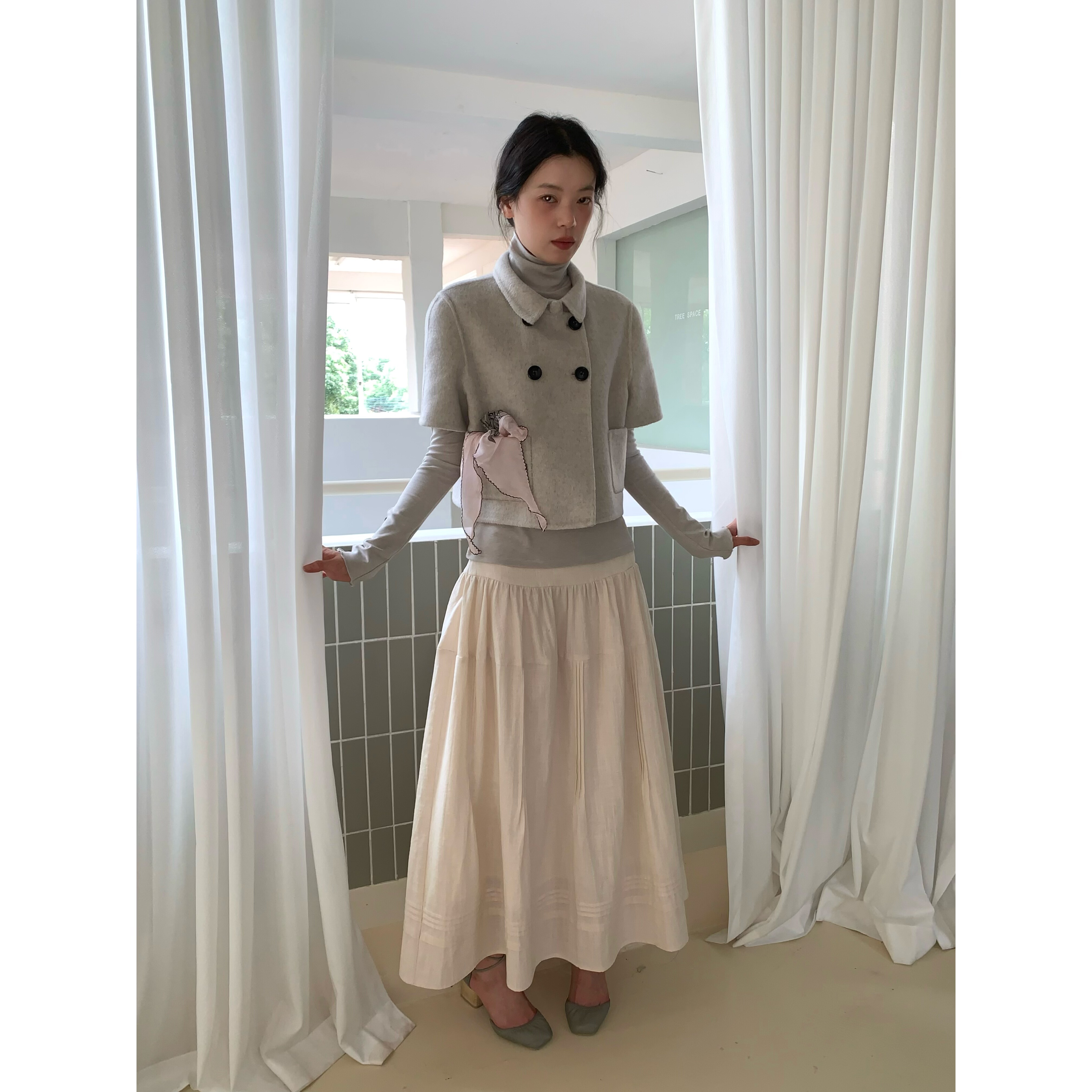 dorydory 短袖灰色双排扣双面呢大衣女短款小个子羊毛毛呢外套冬