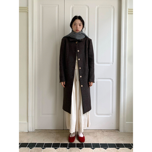 dorydory复古人字纹黑色羊毛呢大衣女秋冬高级感深秋初冬长款 外套