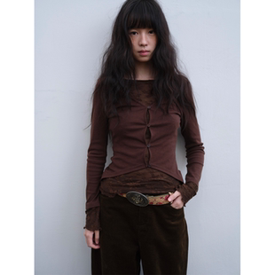 2026新款 长袖 复古深棕假两件早春上衣女 显瘦蕾丝打底衫 dorydory