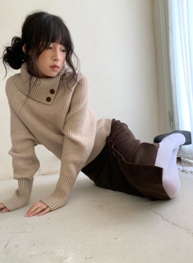 dorydory 高领收腰蝙蝠袖针织衫羊毛可外穿可内搭米色斜领毛衣女