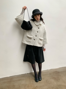 dorydory 2025秋冬新款复古米白色娃娃领圈圈毛短外套女留洋千金