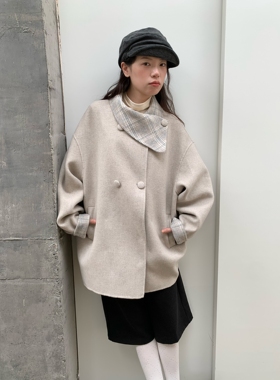 dorydory格纹翻领双面大衣女2025新款复古小个子短款羊毛毛呢外套