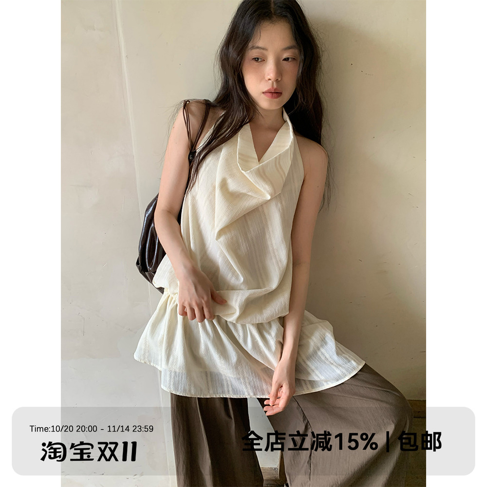 dorydory 提花荡领花边无袖衬衫法式独特绝美小上衣轻奢减龄洋气