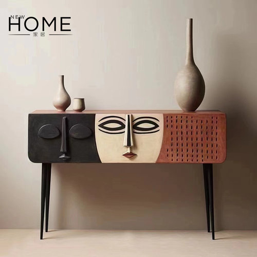 侘寂风长设计师个性玄关台中古风入户玄关柜浮雕极简装饰柜样板房