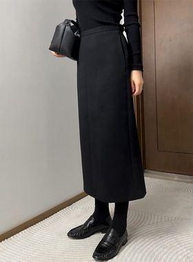 期禾经典H型全新升级长裙 100支精纺羊毛高腰晶黑色半身裙春秋款