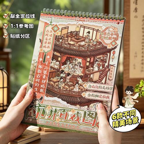 古风百戏图立体造景贴纸本