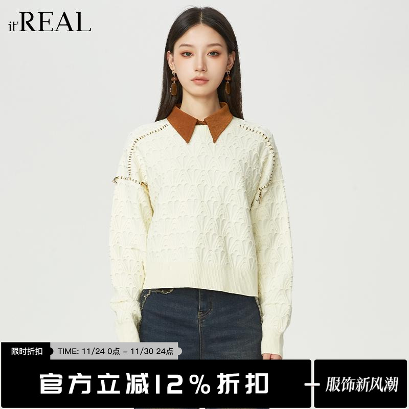itreal法式复古针织翻领