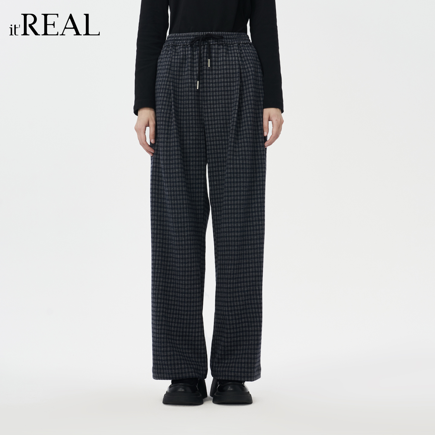 高腰格纹阔腿长裤女下装