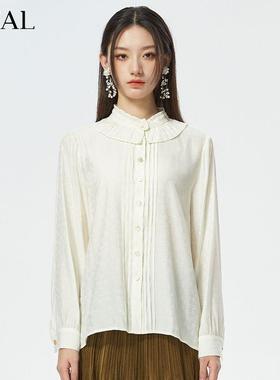 it'real瑞尔秋新款法式复古荷叶领衬衫女长袖百褶领上衣女