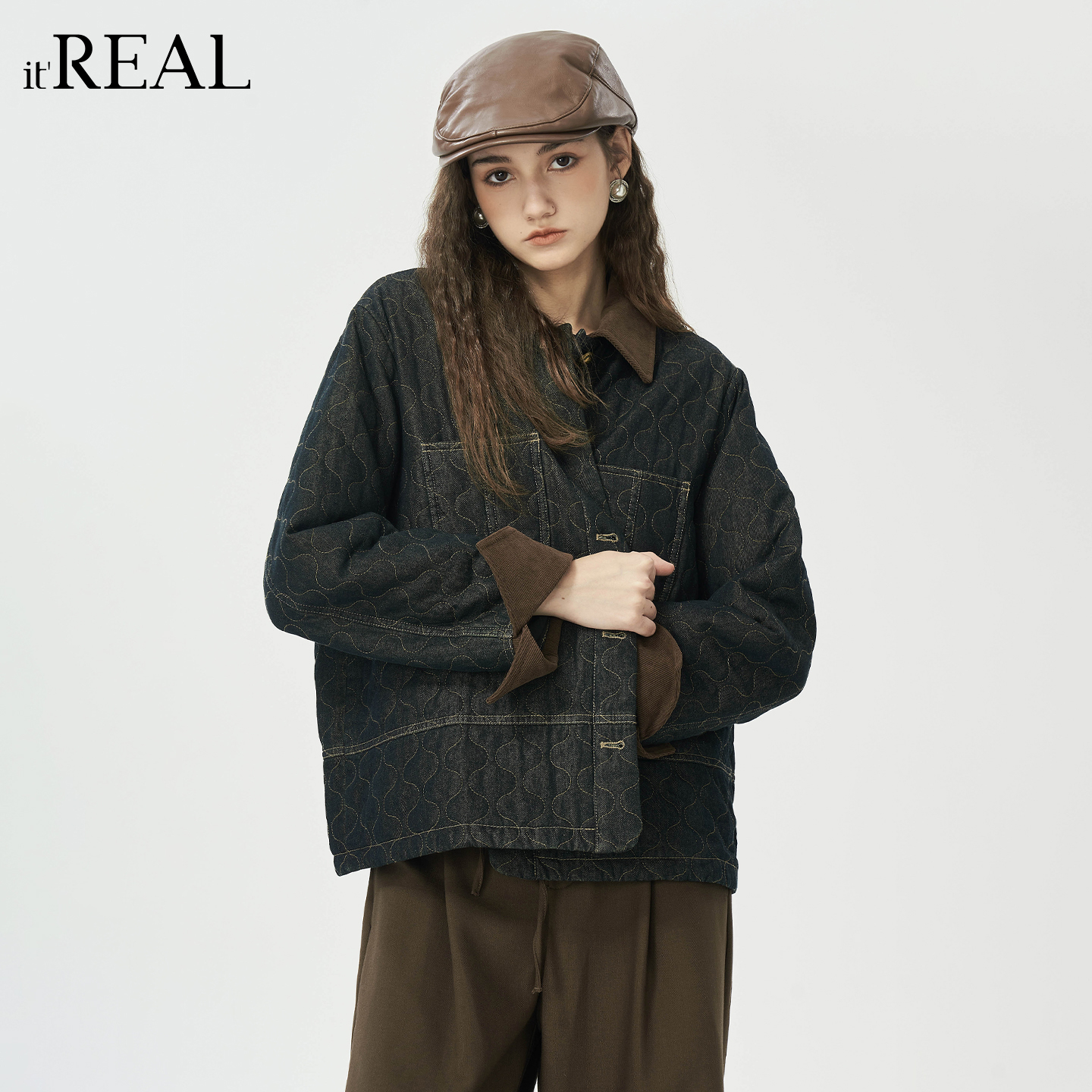 格纹拼色牛仔棉服棉衣上衣女