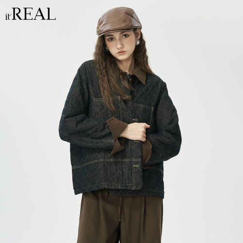 格纹拼色牛仔棉服棉衣上衣女