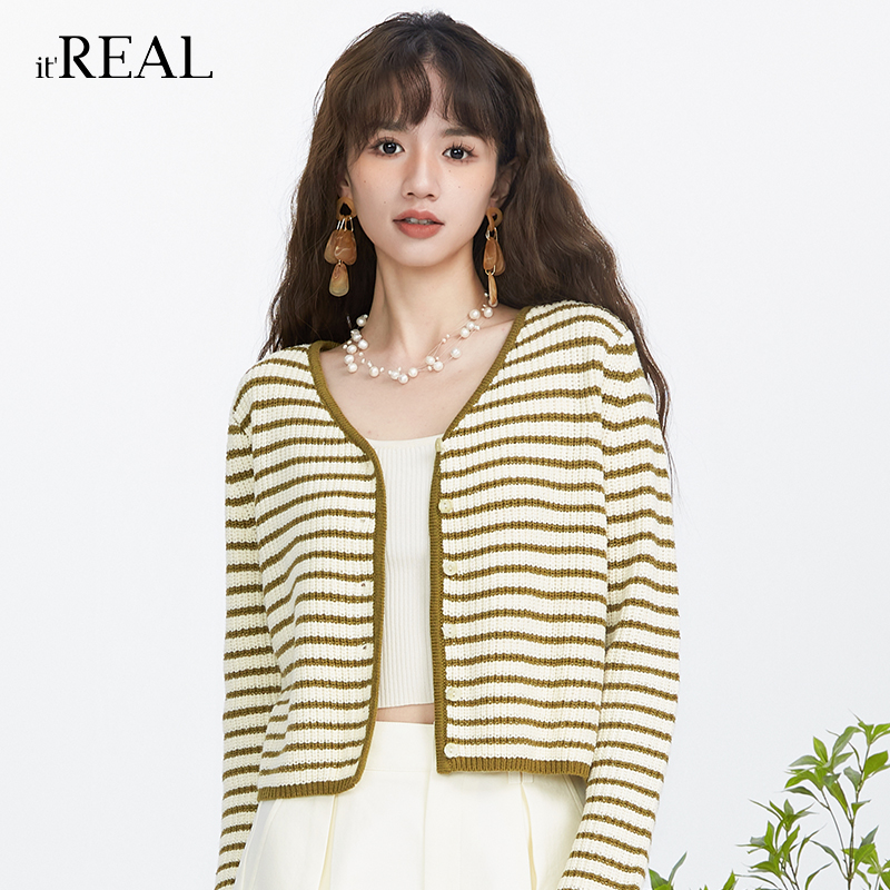 瑞尔单排扣V领开衫针织外套