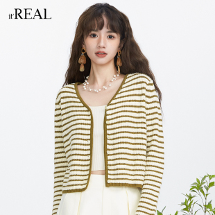 女秋冬款 条纹针织开衫 设计感毛衣外套上衣女 real瑞尔法式