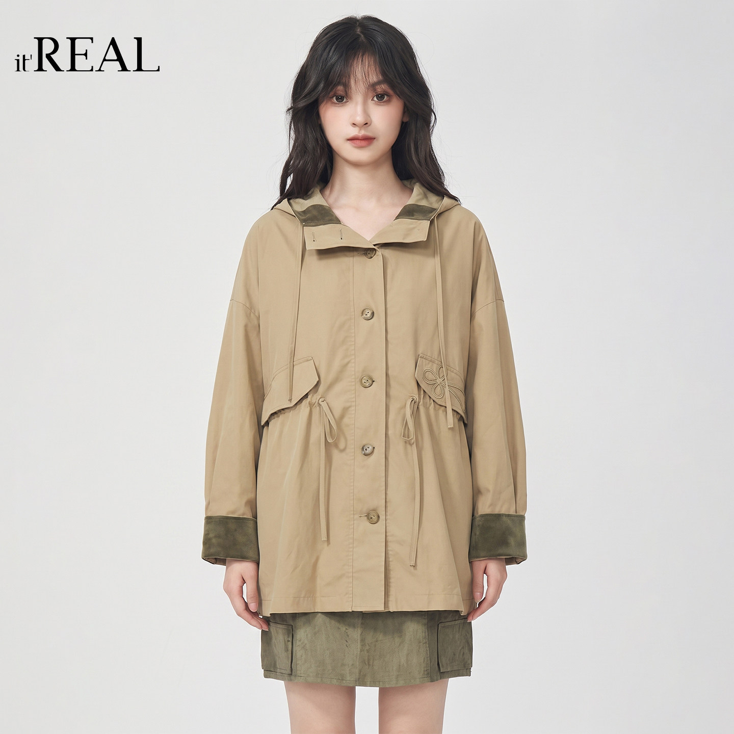 it'real瑞尔韩版连帽中长款风衣女秋装束腰系带通勤外套卡其色