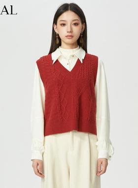 it'real瑞尔法式复古针织背心女秋冬新款V领红色外搭叠穿马夹