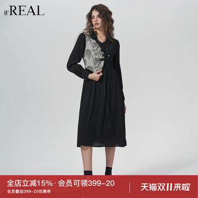 itreal黑色新中式国风水连衣裙