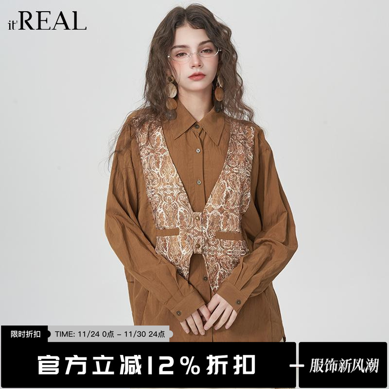 瑞尔法式复古假两件衬衫女