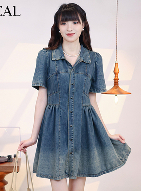 it'real瑞尔夏新款复古牛仔连衣裙港风洋气短袖收腰裙子