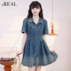 复古牛仔连衣裙港风洋气短袖 real瑞尔夏新款 收腰裙子