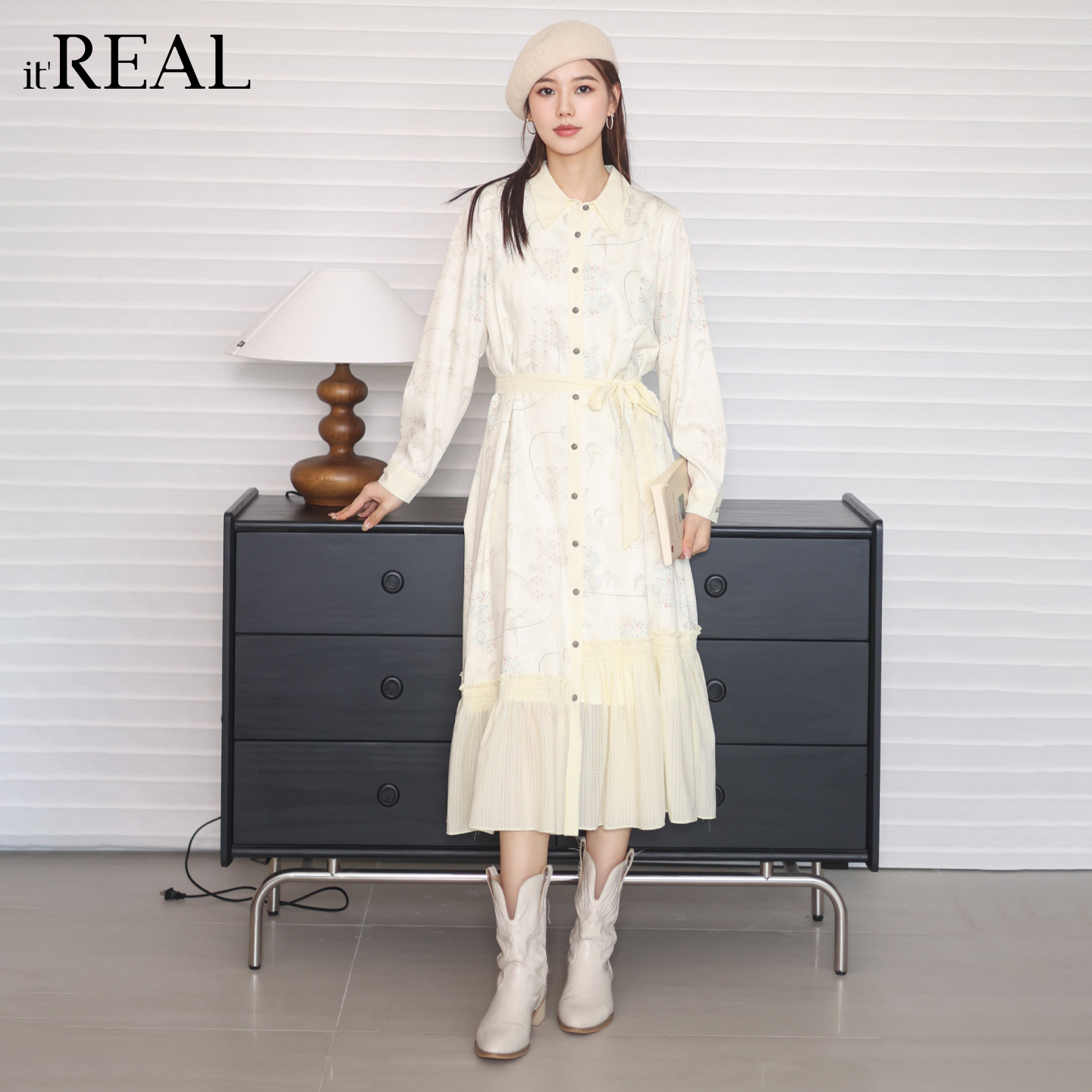 it'real瑞尔25年冬季新款气质文艺休闲拼色高腰连衣裙女