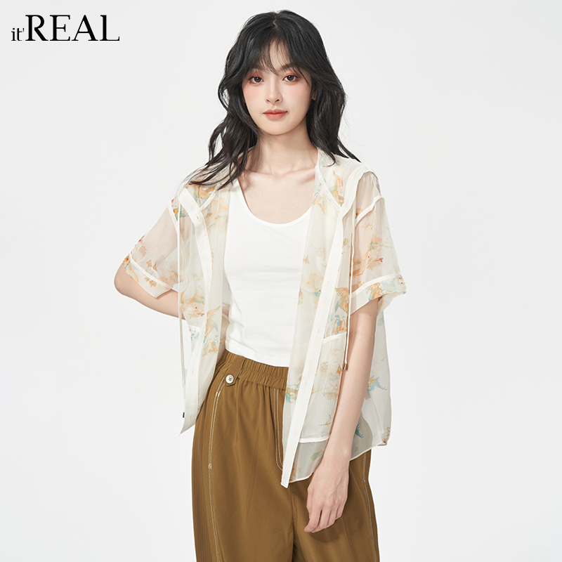 it'real瑞尔法式复古轻薄印花衬衫女2025夏新款连帽防晒衣空调服