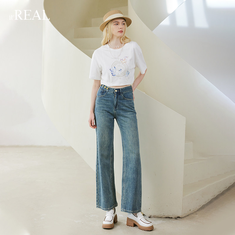 itREAL瑞尔2023夏季新款女士百搭复古风牛仔裤休闲显瘦高腰阔腿裤
