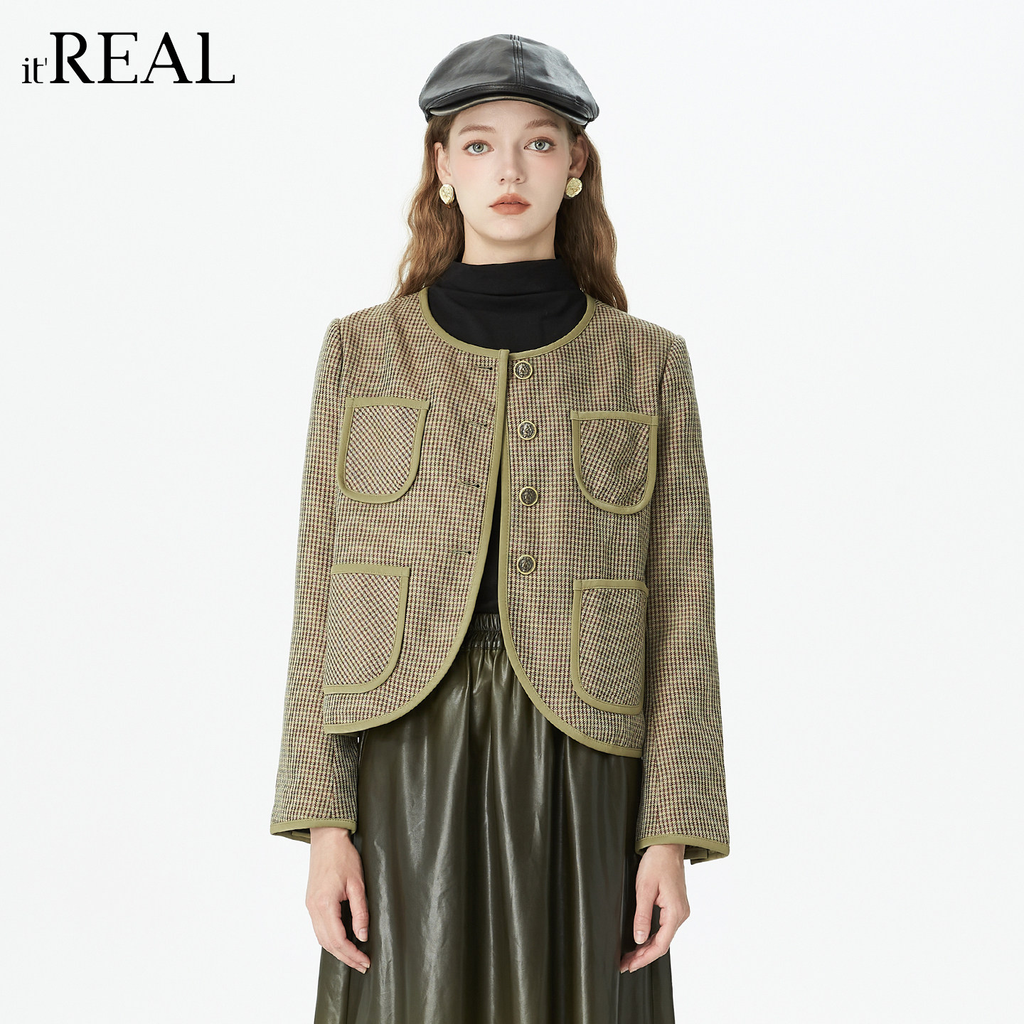 it'real瑞尔秋季新款小香风休闲格纹长袖短款外套上衣女,女装/女士精品,短外套,淘宝优惠券,粉丝福利购,淘宝优惠卷