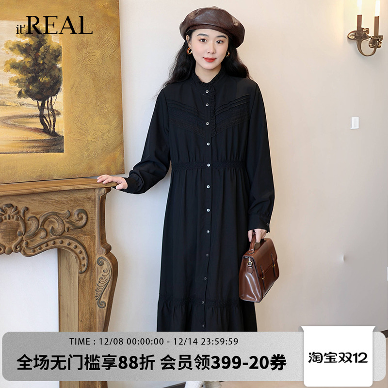 it'real瑞尔春新款花边立领连衣裙女长袖黑色木耳领显瘦中长裙