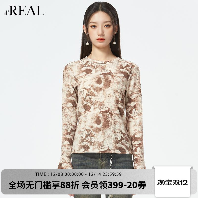 瑞尔复古印花长袖T恤修身显瘦