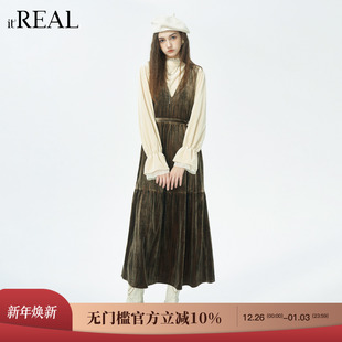 复古休闲绒面锻光吊带裙 新款 real瑞尔冬季