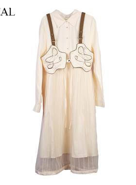 itreal瑞尔春季季新款女士文艺复古休闲裙子长袖杏色连衣裙