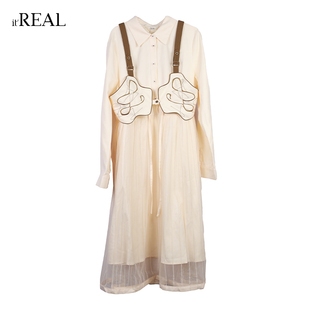 itreal瑞尔春季季新款女士文艺复古休闲裙子长袖杏色连衣裙