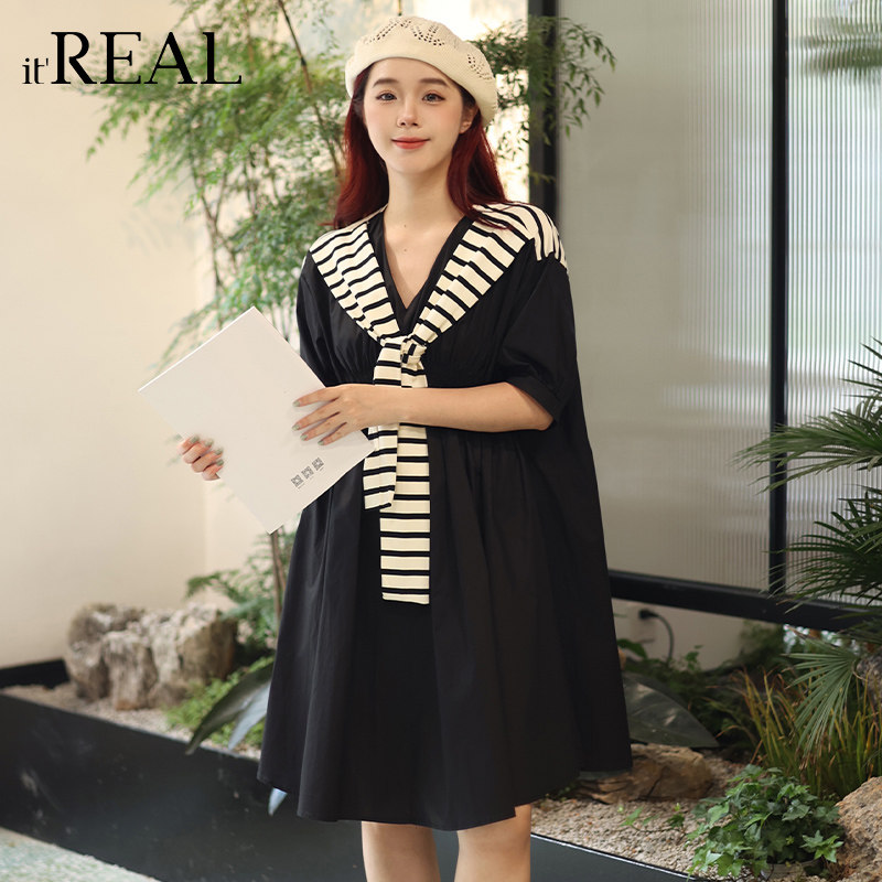it'real瑞尔夏新款法式复古假两件撞色拼接裙款条纹坎肩连衣裙