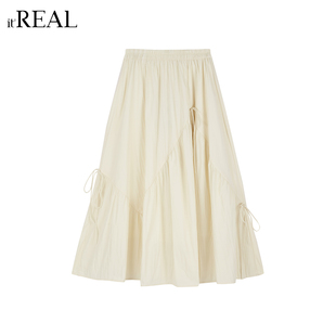 长裙 real瑞尔松紧腰抽绳褶皱半身裙不规则裙摆显瘦温柔风春季