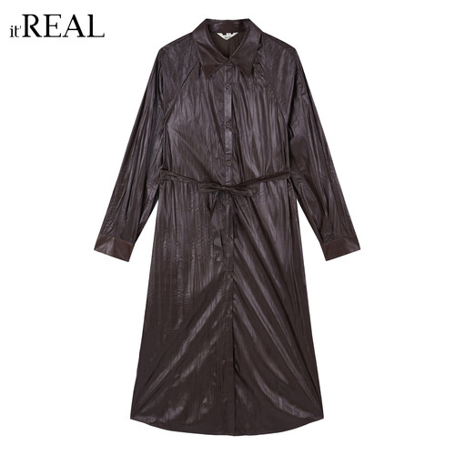春季翻领皮质系带显瘦中长风衣女