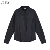 针织披肩拼接宽松显瘦上衣 新款 real复古格纹假两件衬衫 女春季