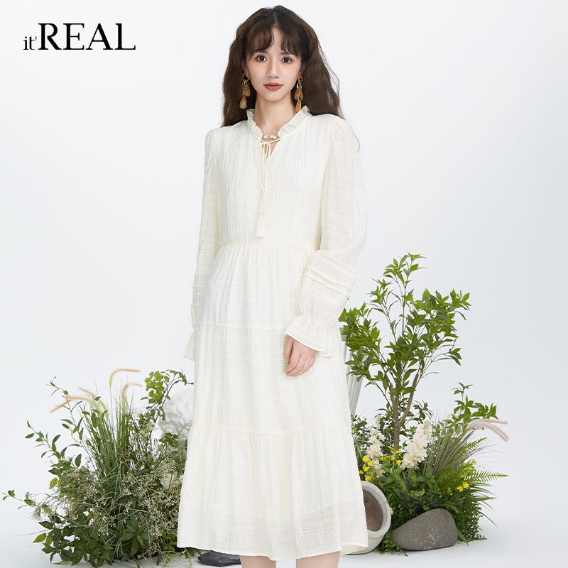 瑞尔法式复古衬衫裙花边领