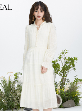 it'real瑞尔春新款法式复古花边领连衣裙仙气质长袖长裙子