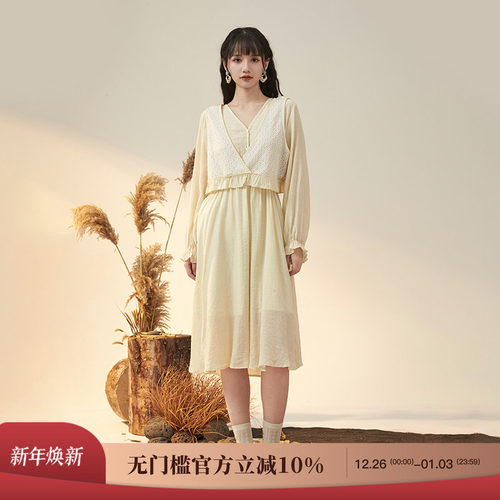 瑞尔复古连衣裙假两件纯色