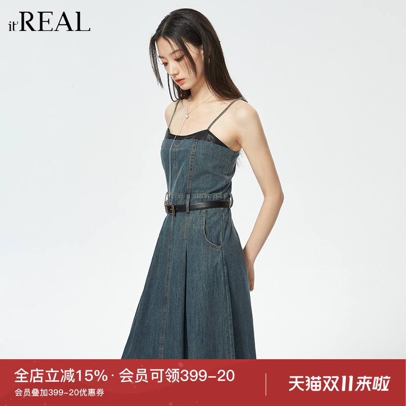 瑞尔复古伞裙牛仔布吊带裙