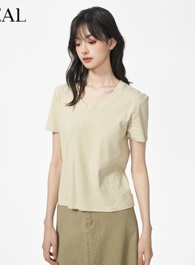 it'real瑞尔夏季新款慵懒复古高级U型领显瘦日常通情透气T恤