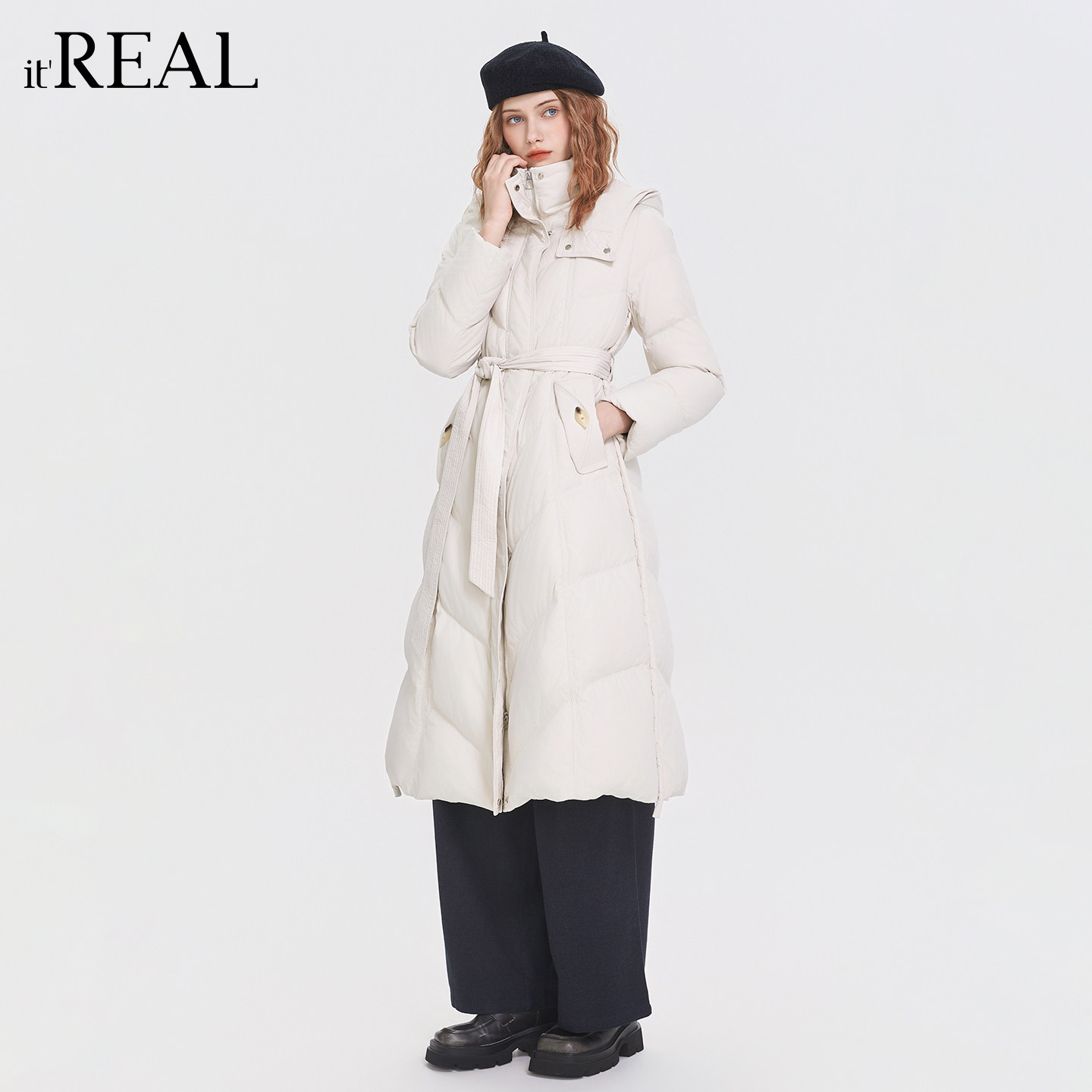 it'real收腰腰带羽绒服女「韩系」绗缝连帽修身显瘦气质长款大衣