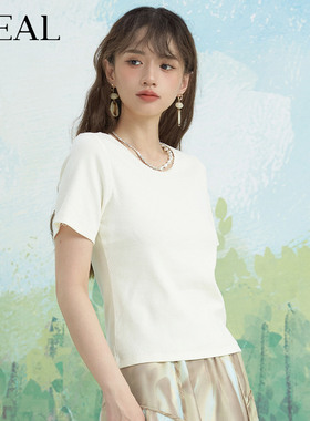 it'real瑞尔针织T恤女短袖夏季款内搭基础花边圆领短T上衣女