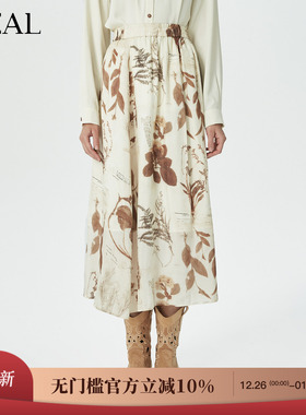 it'real瑞尔秋季新款植物系清新复古松紧腰印花中长半裙