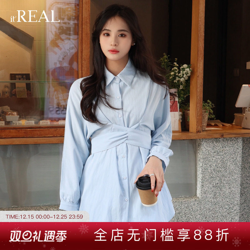 瑞尔复古衬衫裙短裤裙子两件套