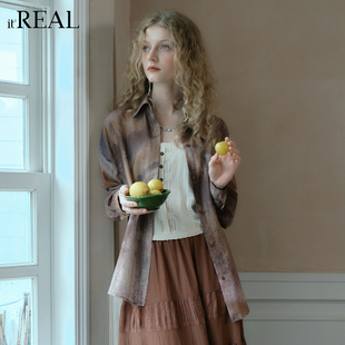 女长袖 文艺风晕染衬衫 宽松设计感扎染上衣 real法式