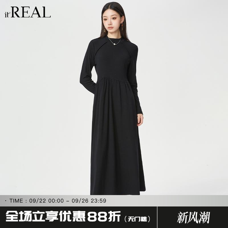 itreal赫本风长袖针织连衣裙