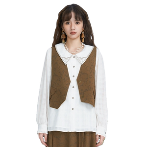 it'real瑞尔马甲女2024秋冬新款美式复古印花外搭V领短款叠穿马夹