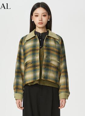 it'real瑞尔冬新款美式复古格纹夹克宽松小众设计毛呢短外套女