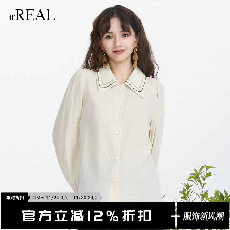 瑞尔复古长袖花边领衬衫女